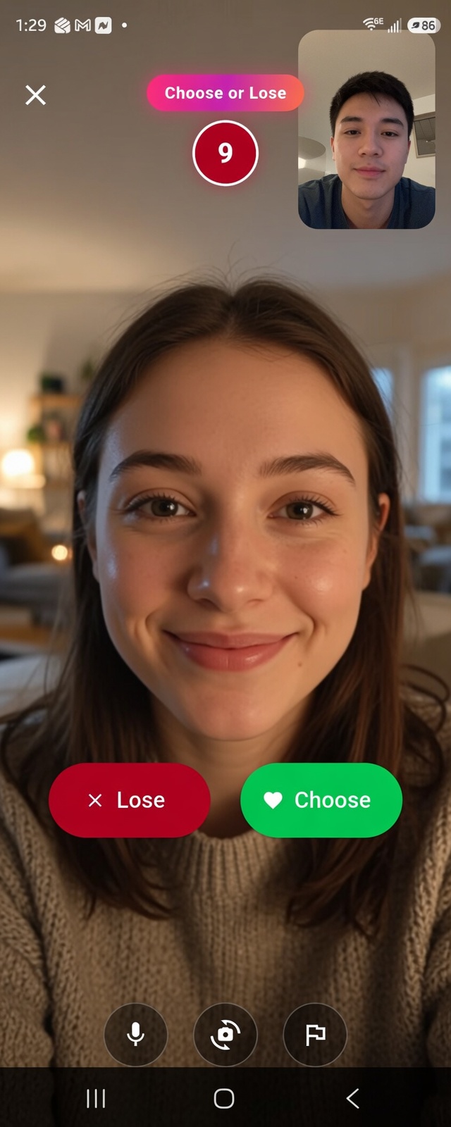 A live Choosie video call: the Choose or Lose timer counting down over a video chat